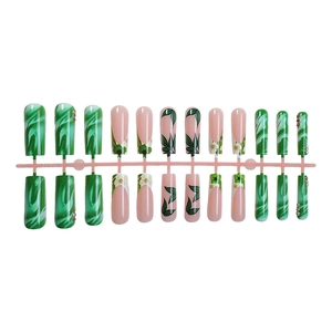 Floral painted press-on nails set with green marble, french tips and rhinestones