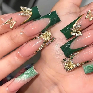 Damen Langer Sarg Aufklebbare Fingernägel Metall Schmetterling Strass Design Französisch Grün Nude Pink Künstliche Nägel Set