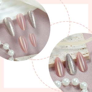 Elegant cat eye almond press-on nails with pink glitter finish for women