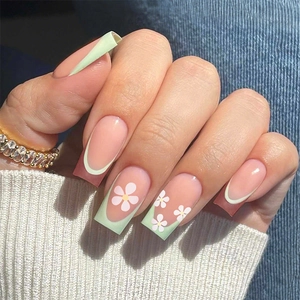French tip long square press-on nails in light green with white floral patterns