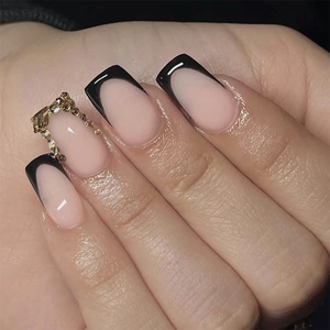 French Tip Press On Nails Black Border Rhinestone Square Wearable Fake Nails Nude Pink For Women