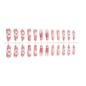 Long square press-on nails with white base and red celestial sun moon star patterns
