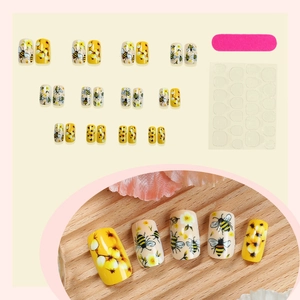 Cute yellow bee and floral press-on nails set with 24 pieces and manicure tool kit