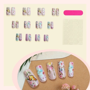 Floral and butterfly summer press-on nail kit with 24 long square nails and tools