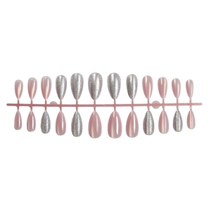 Sparkling pink cat eye and silver glitter almond press-on nails set with 24 pieces