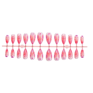 Set of 24 gradient pink press-on nails with floral patterns in long almond shape