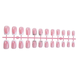 Pink French press-on nails set with rhinestones on 24 pieces for women