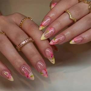 Unghie Finte A Mandorla French Punte Gialle Fiore Rosa Dipinto A Mano Strass Unghie Lucide Colla Per Donna