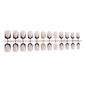 French style short square fake nails with black tips and sparkling gold rhinestones