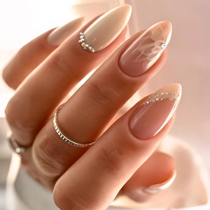 Almond Press On Nails French Nude Pink White Floral Painting Rhinestone Elegant DIY Manicure For Women