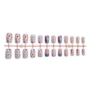 24pcs floral and flag pattern press-on nails in medium length with red, white, blue designs