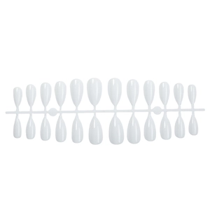 Glossy white marble almond press-on nails set with 24 pieces in symmetrical layout