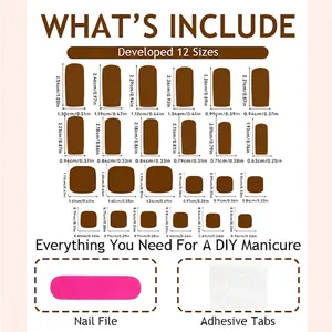 French orange-yellow press-on nails set including 24 pieces in 12 sizes with a size chart