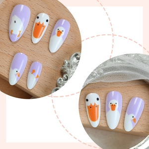 Cartoon duck almond press-on nails with purple and white graffiti art design