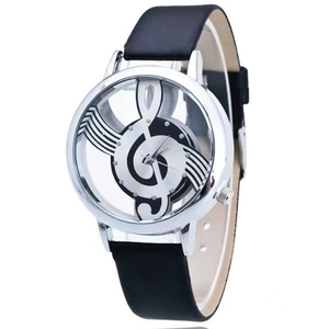Montre en argent avec cadran évidé à notes de musique et bracelet en cuir noir