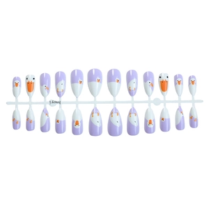 24pcs purple and white almond press-on nails featuring cute cartoon duck graffiti patterns