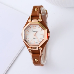 Hexagonal Quartz Watch For Women With PU Leather Strap And Metal Rivet Decor Fashion Analog Casual Wristwatch Ladies