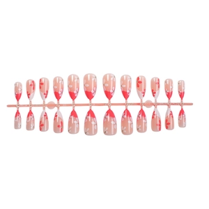 French painted almond press-on nails set with red flower designs on pink base