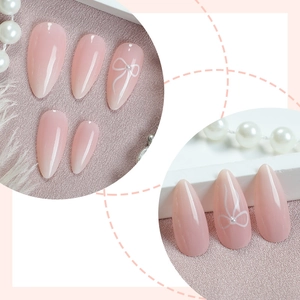 French gradient almond press-on nails with white bows and pearls for women