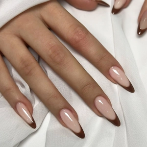 Almond Press On Nails French Burgundy Tips Glossy Nude Base Full Cover False Nails Women Wearable Manicure DIY Nail Art