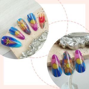 Artistic bohemian long almond press-on nails with sunflower and sun hand-painted patterns