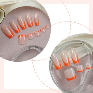 French medium-long orange press-on nails with a translucent base and vibrant tips