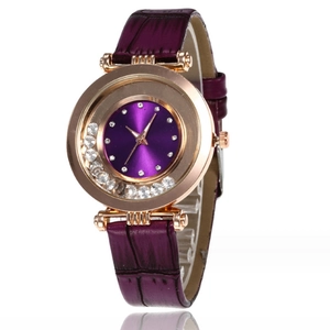Purple leather watch for women with rose gold case and floating rhinestones on sunray dial