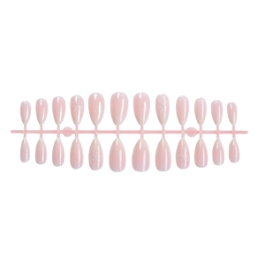 Light pink almond press-on nails with white bows and silver beads, 24 pieces set