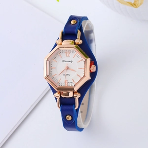 Women's fashion quartz watch with octagonal rose gold case and blue leather strap