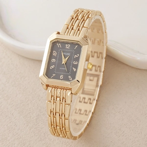Montre carrée luxe dorée pour femme avec cadran noir et bracelet en acier serti de cristaux