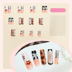 Handmade champagne cat-eye leopard press-on nails set with zebra pattern and French tips