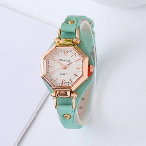 Octagonal rose gold quartz watch with mint green leather strap and white dial