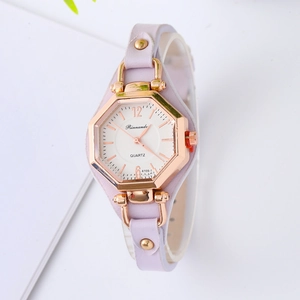Detailed close-up of a lavender PU leather quartz watch with a rose gold octagonal case