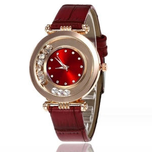 Women's quartz watch with red crocodile leather strap and floating crystal bezel