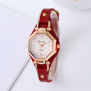 Fashionable women's quartz watch with red leather strap and rose gold octagonal case