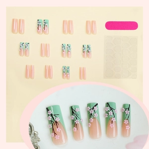 Lot de 24 faux ongles carrés longs style français avec motifs fleurs de cerisier et colle
