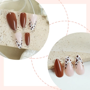 Brown and nude press-on nails with leopard print and glitter trim in almond shape
