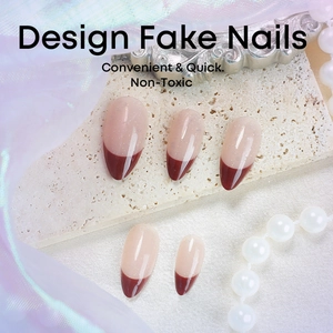 Elegant almond shape press-on nails in deep red french tips with sparkling nude base