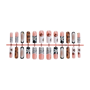 Champagne cat-eye press-on nails set with leopard print and zebra patterns, 24 pieces