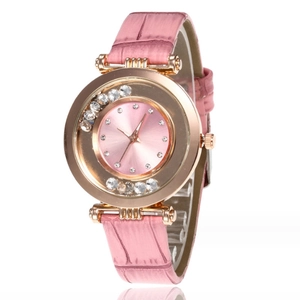 Pink women's quartz watch with rose gold case, moving crystals, and leather strap