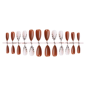 Reddish-brown and leopard print almond-shaped press-on nails set with glossy finish