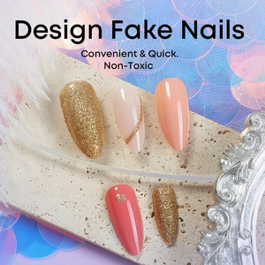 Pink and peach almond press-on nails with glitter accents and heart patterns
