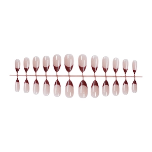 Almond-shaped press-on nails set with sparkling wine red French tips and pink base
