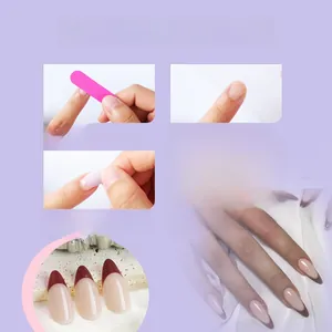 Step-by-step tutorial for applying almond brown french press-on nails with nail file