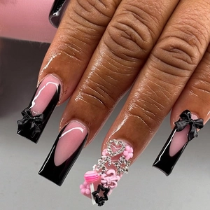 Long Coffin Press On Nails Pink Black French Tip With 3D Bow And Rhinestone Heart Sweet Cool Fake Nails For Women