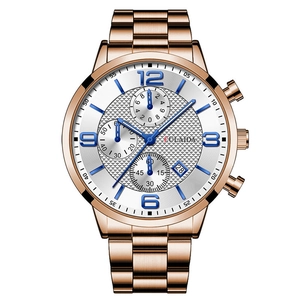Detail of rose gold chronograph watch with white textured dial and blue markers