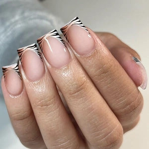 French Tip Press On Nails Square Long Fake Nails Leopard Zebra Animal Print Nude Glossy Full Cover Manicure Kit