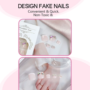 Pink French glitter press-on toenails with white tips and rhinestones in gift box
