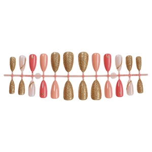Barbie pink wavy almond press-on nails set with glitter gold and white line art