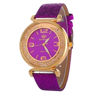 Elegante orologio al quarzo con glitter viola e cassa in oro rosa da donna con cristalli